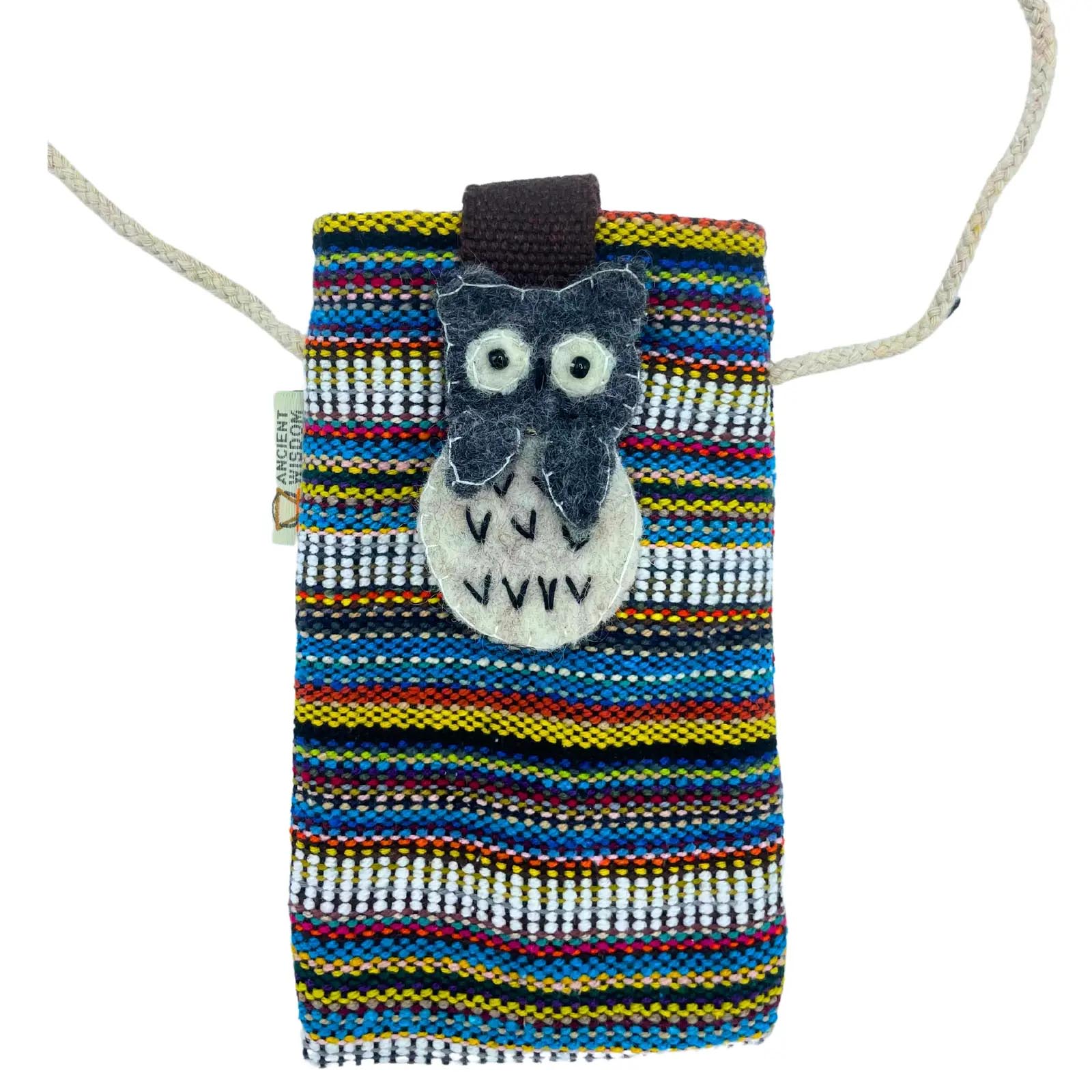 Handmade Multi Striped Cotton Phone Bag with Owl