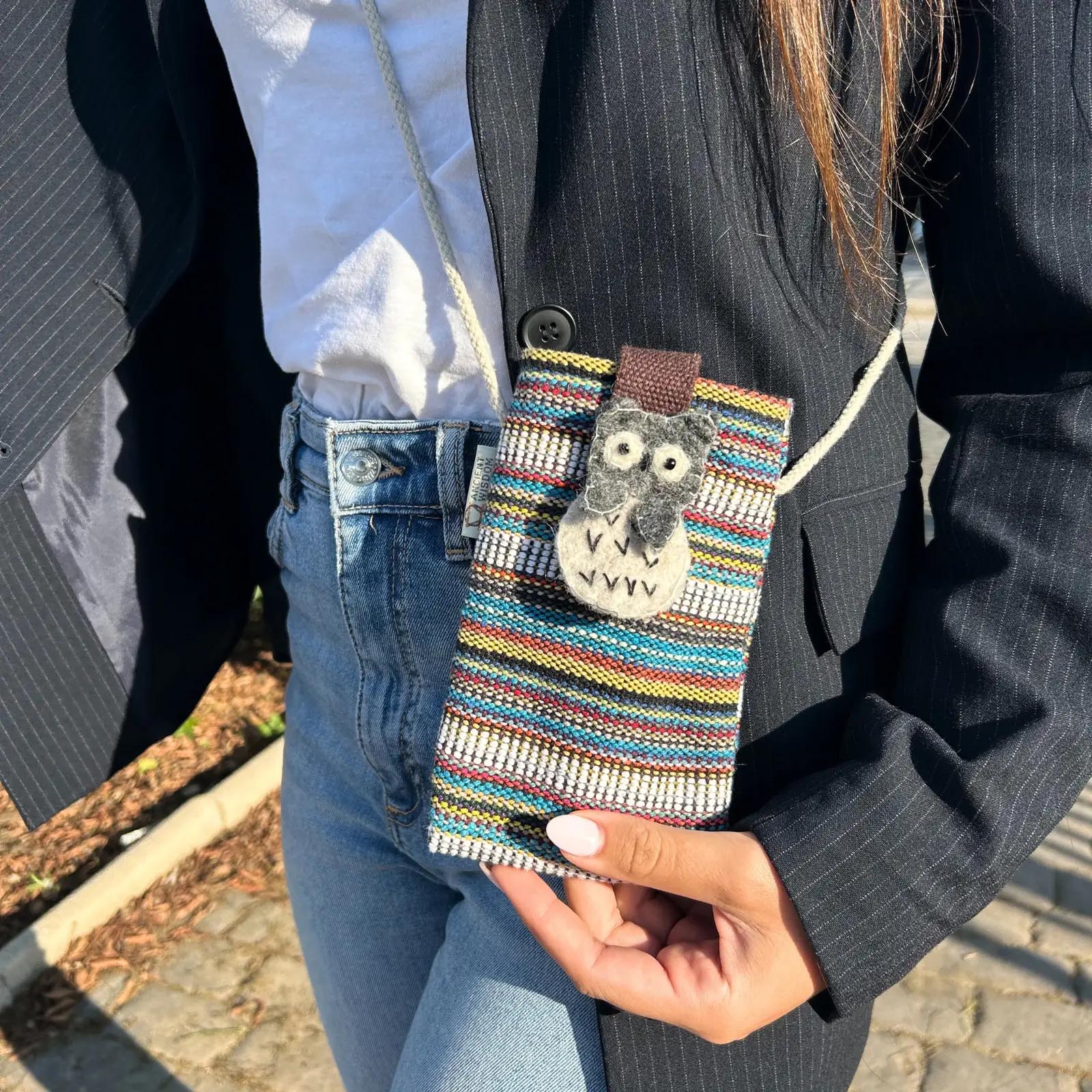 Handmade Multi Striped Cotton Phone Bag with Owl1