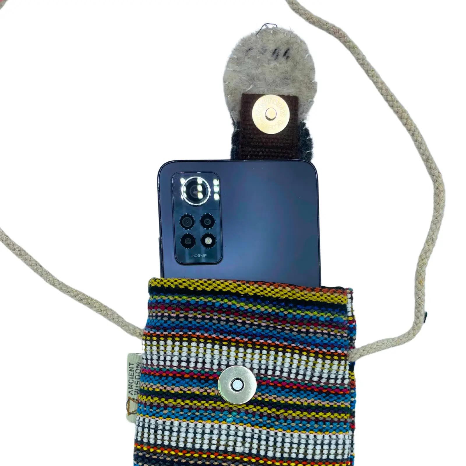 Handmade Multi Striped Cotton Phone Bag with Owl2