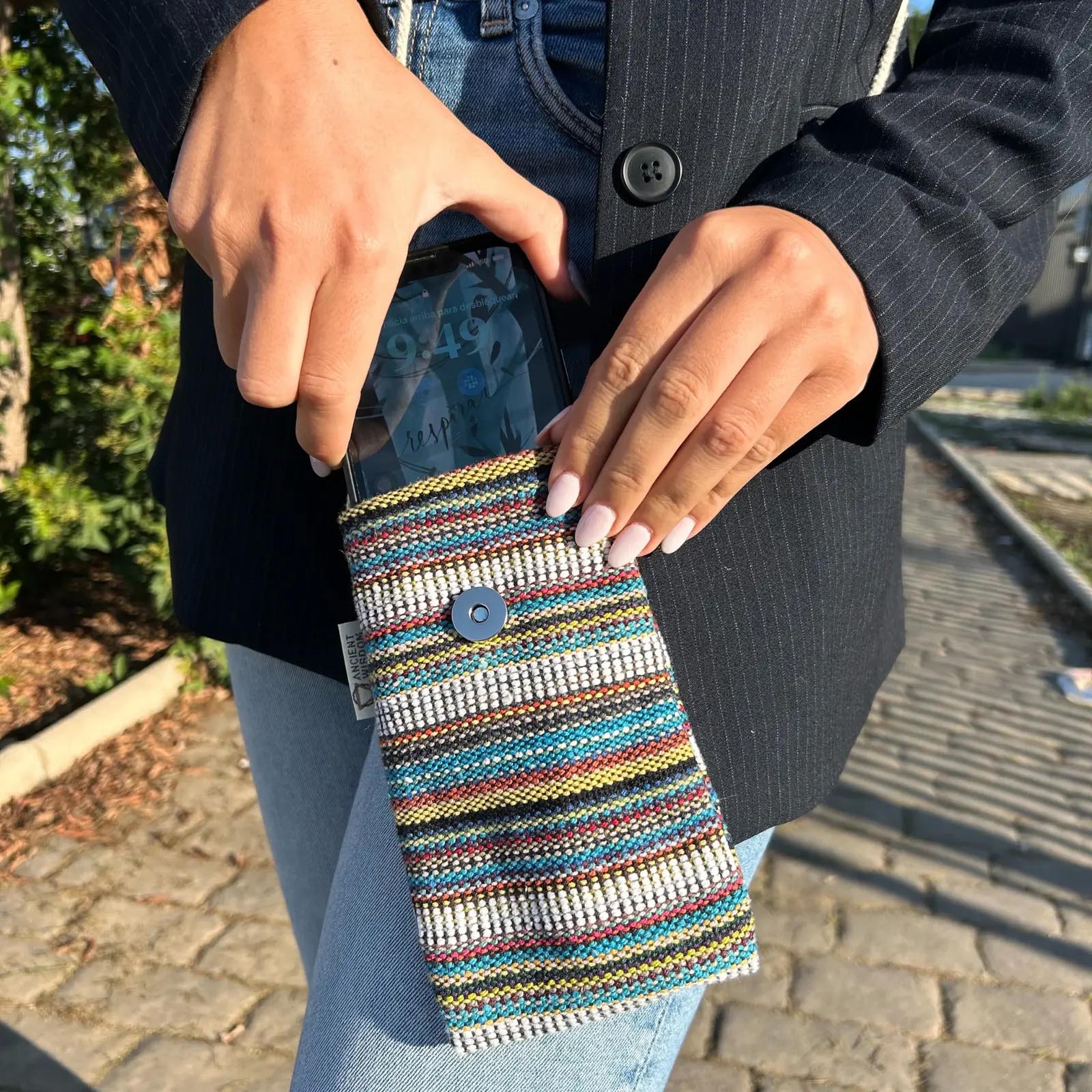 Handmade Multi Striped Cotton Phone Bag with Owl3