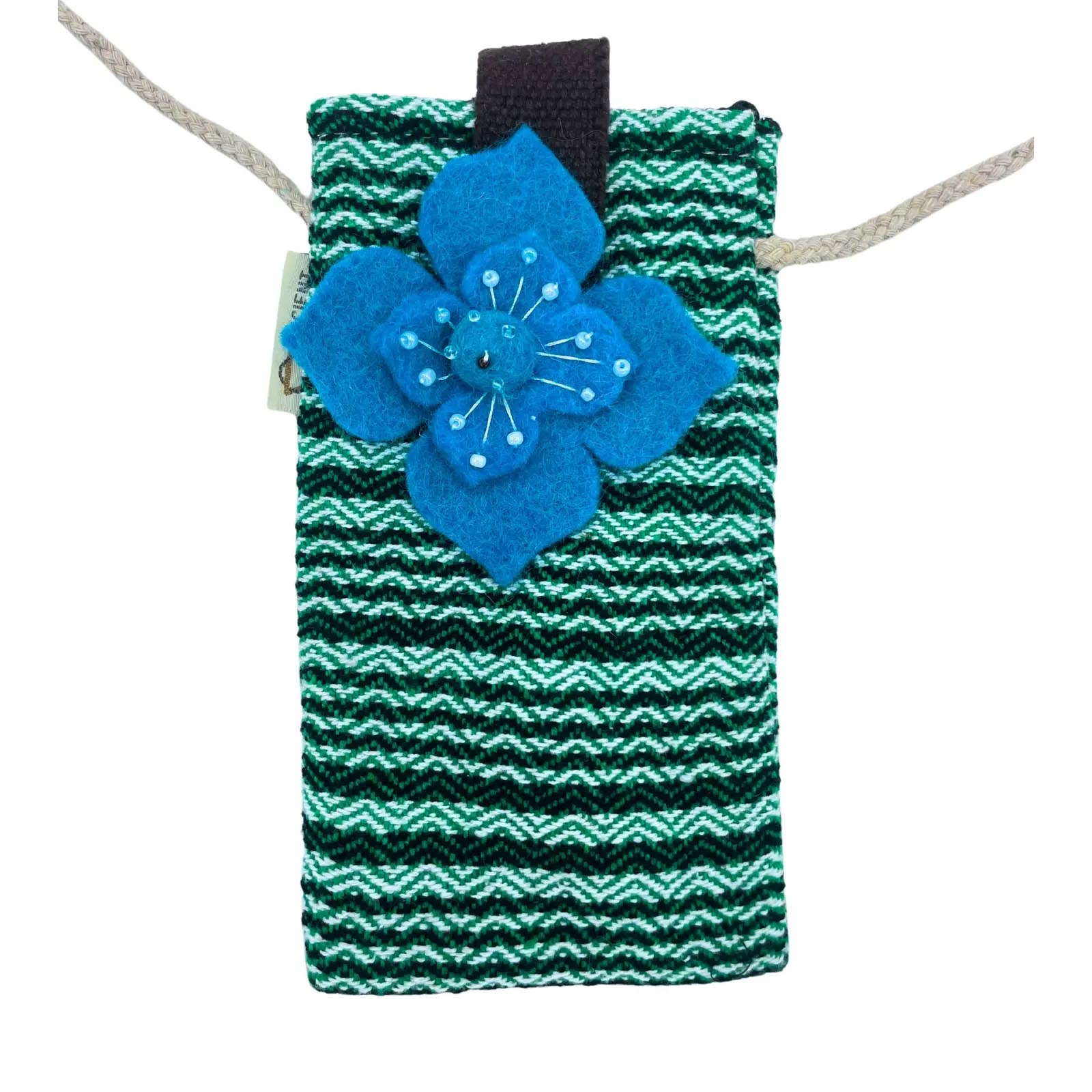 Handmade Green Striped Cotton Phone Bag with Flower