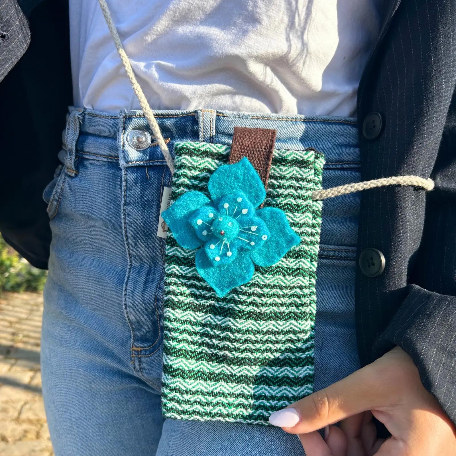 Handmade Green Striped Cotton Phone Bag with Flower1