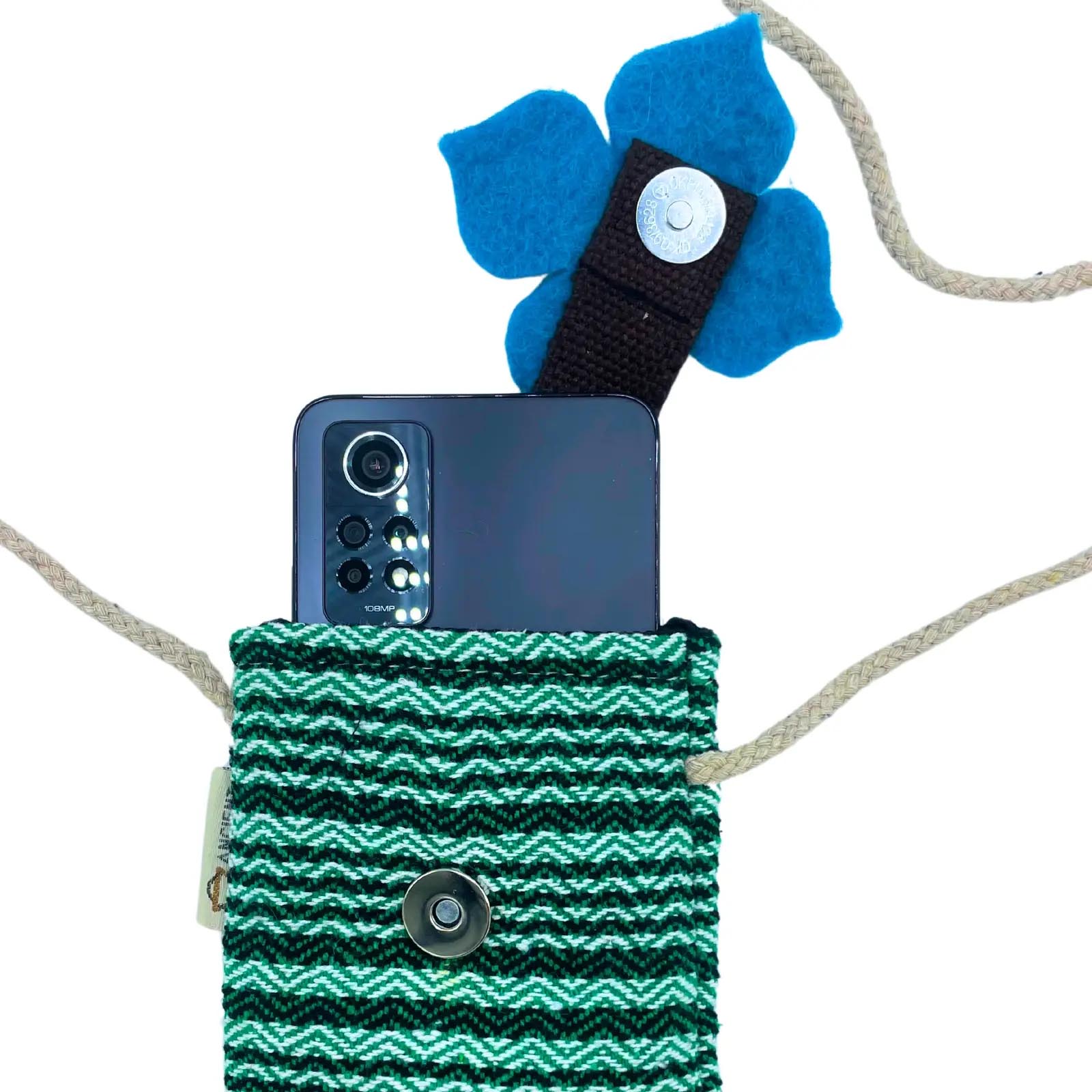 Handmade Green Striped Cotton Phone Bag with Flower2