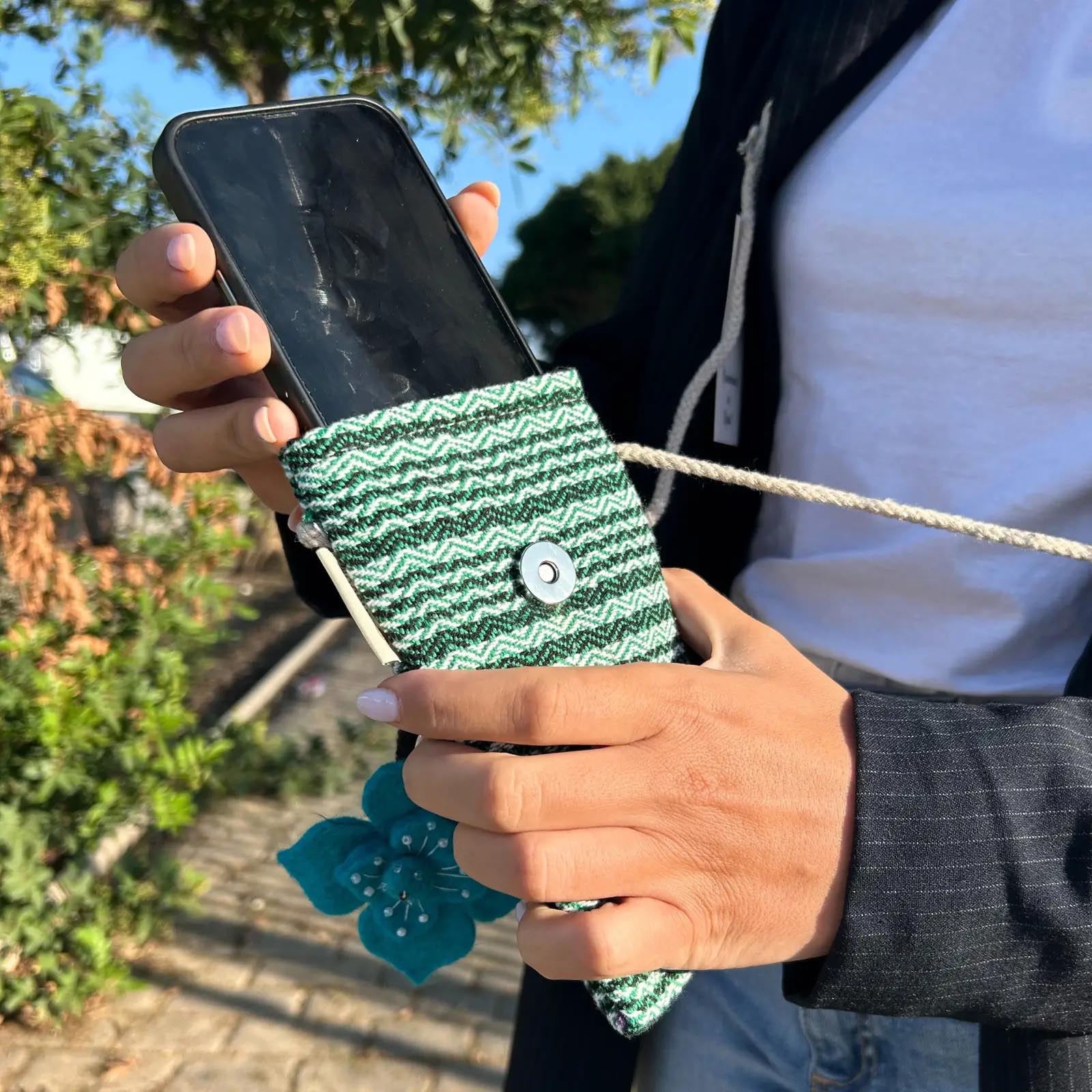 Handmade Green Striped Cotton Phone Bag with Flower3