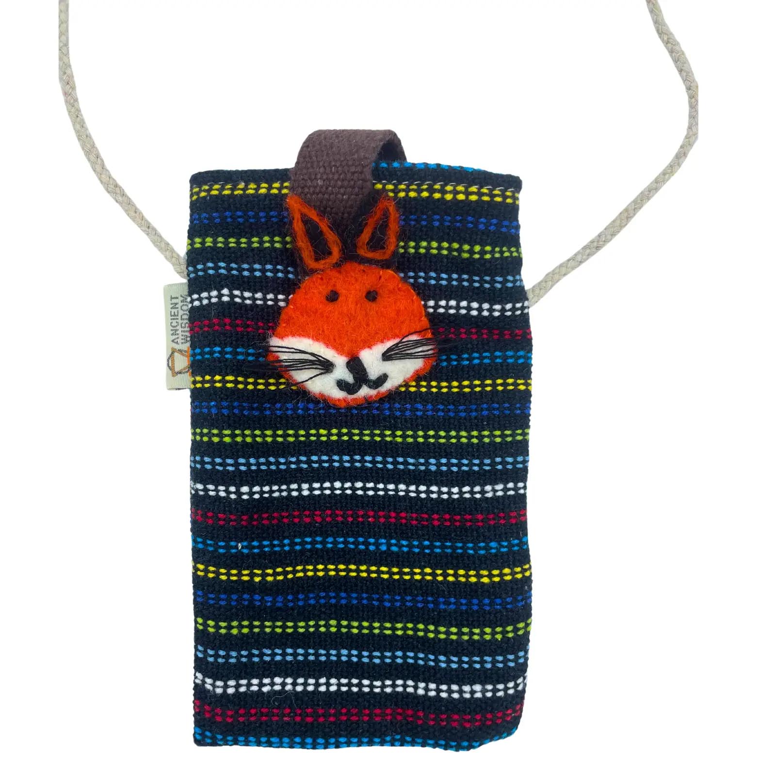 Handmade Black Striped Cotton Phone Bag with Fox