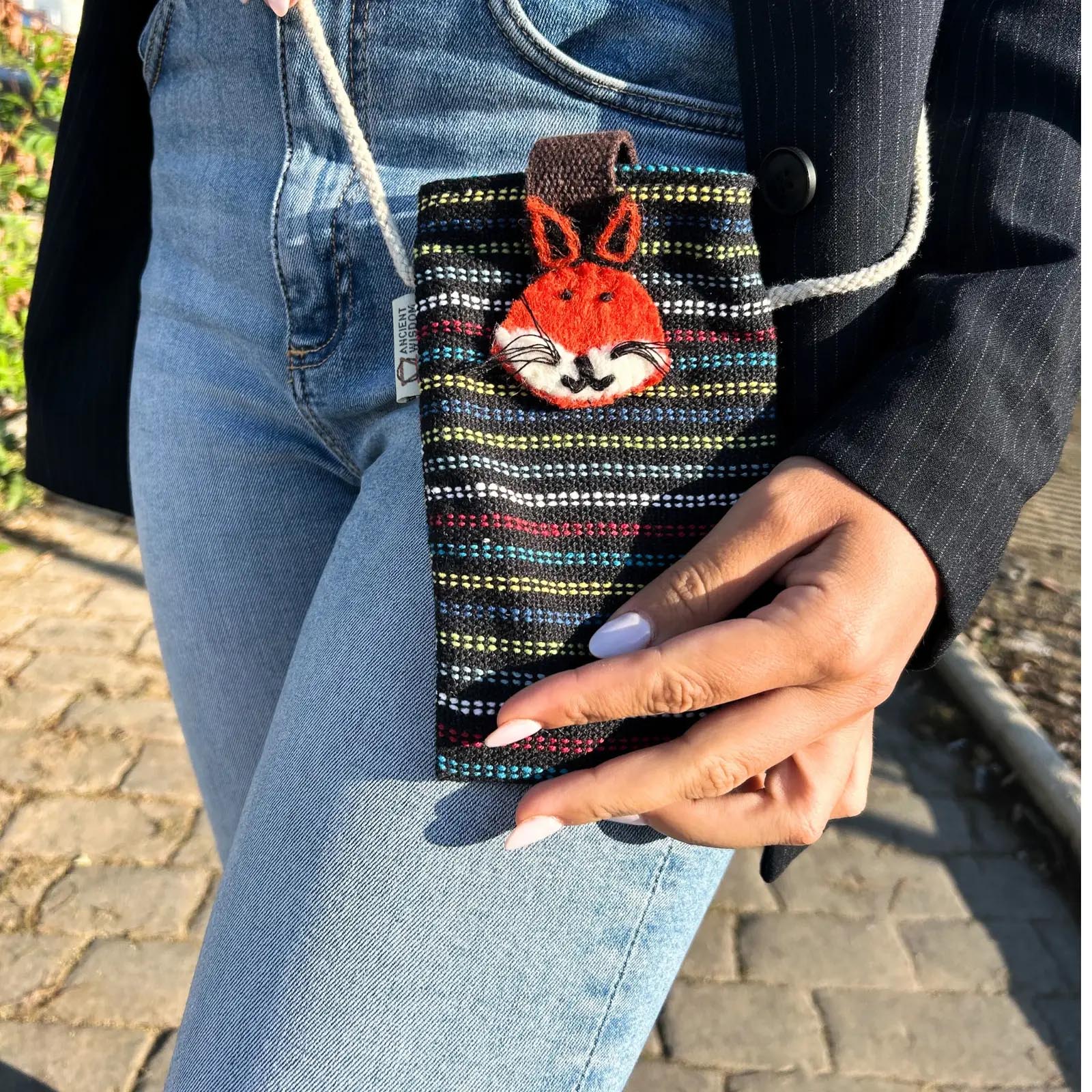 Handmade Black Striped Cotton Phone Bag with Fox1