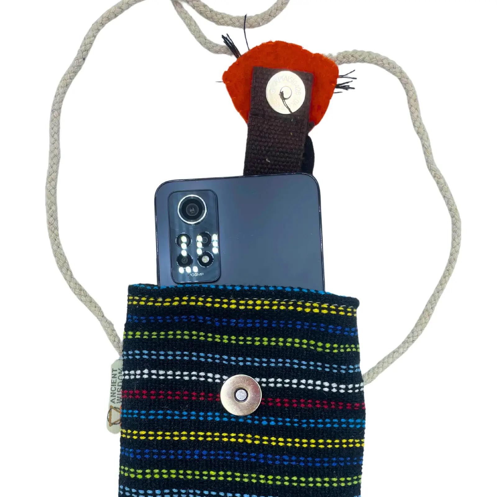 Handmade Black Striped Cotton Phone Bag with Fox2