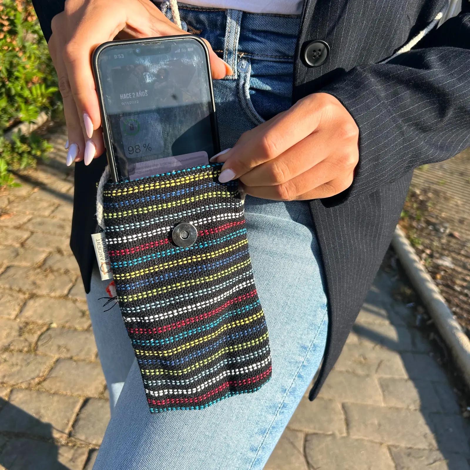 Handmade Black Striped Cotton Phone Bag with Fox3