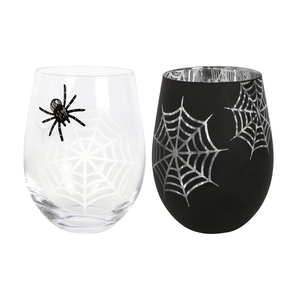 Set of 2 Spider & Web Stemless Wine Glasses (500ml)