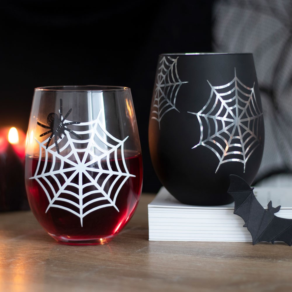 Set of 2 Spider & Web Stemless Wine Glasses (500ml)1