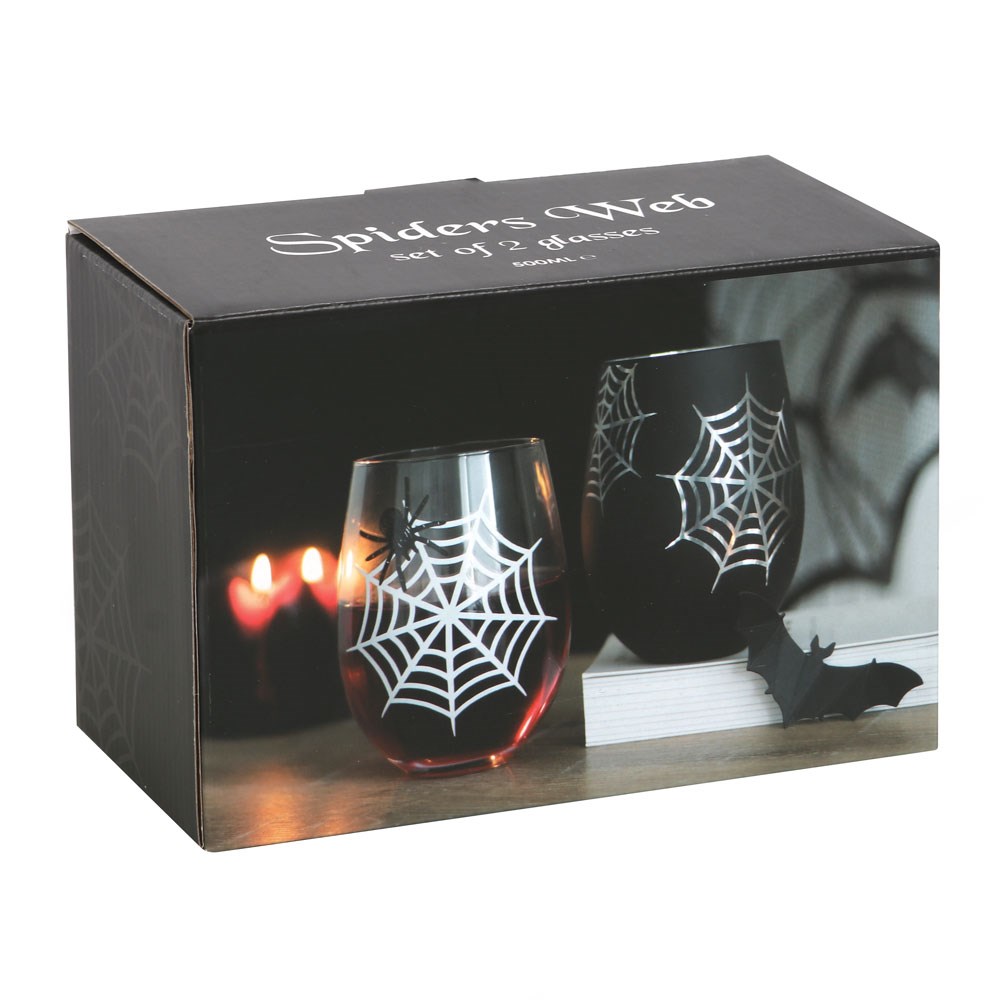 Set of 2 Spider & Web Stemless Wine Glasses (500ml)2