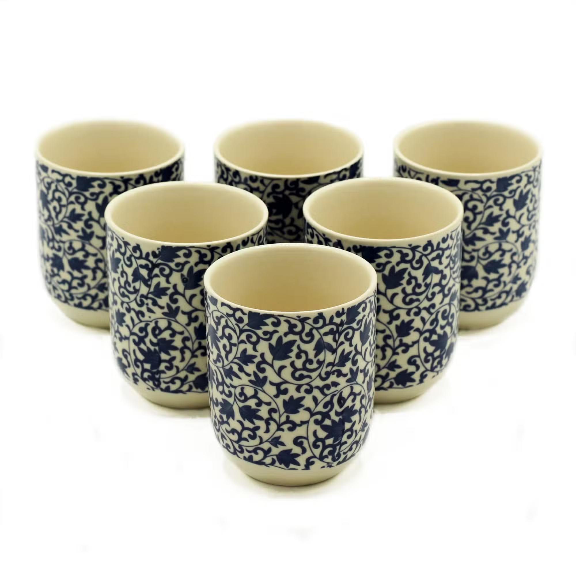 Set of 6 Blue Scroll Pattern Herbal Tea Cups
