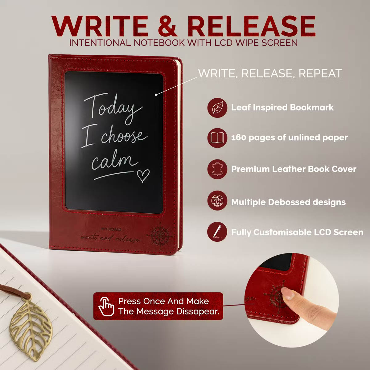 A5 Red Leather-Effect Intention Notebook with LCD Screen6