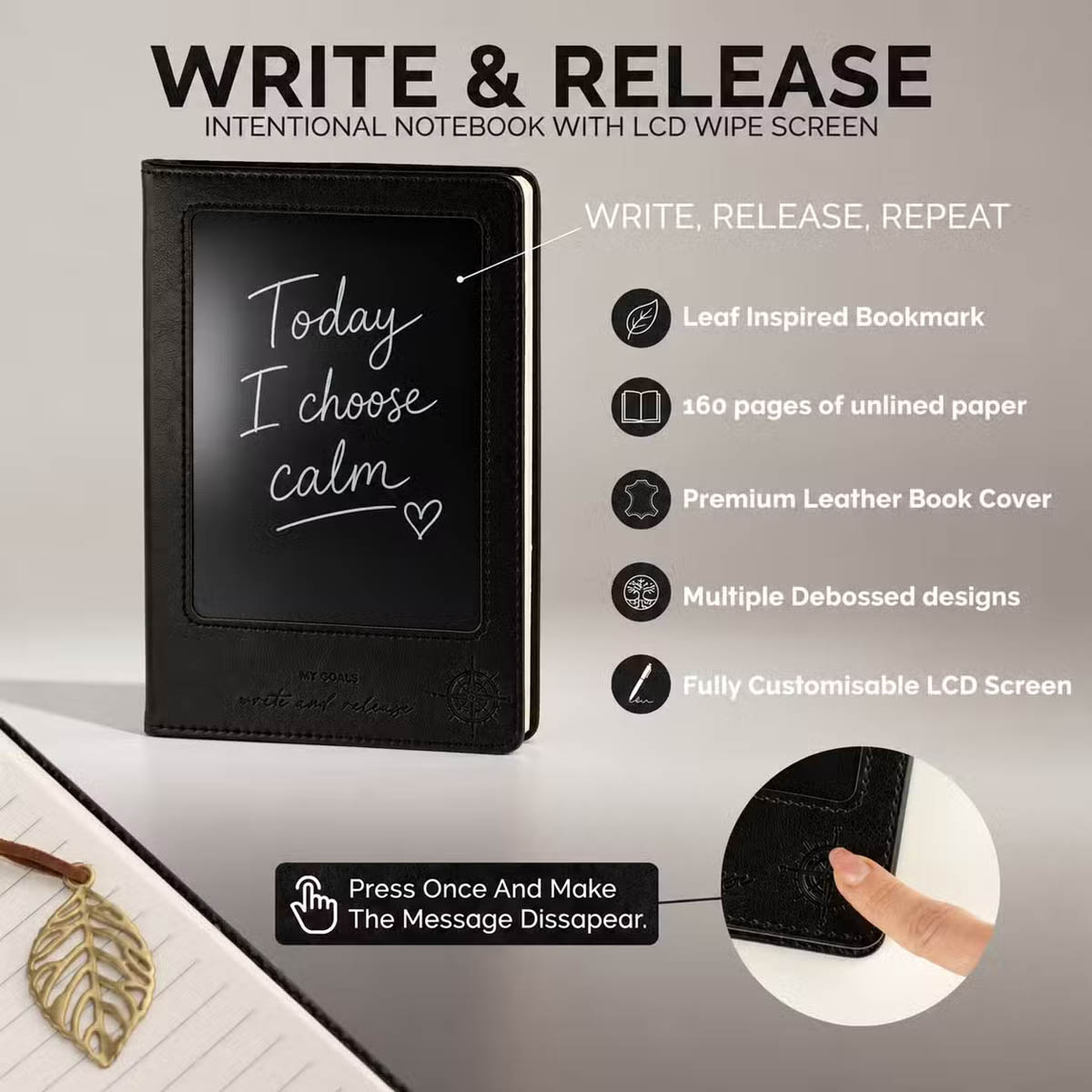 A5 Black Leather-Effect Intention Notebook with LCD Screen6
