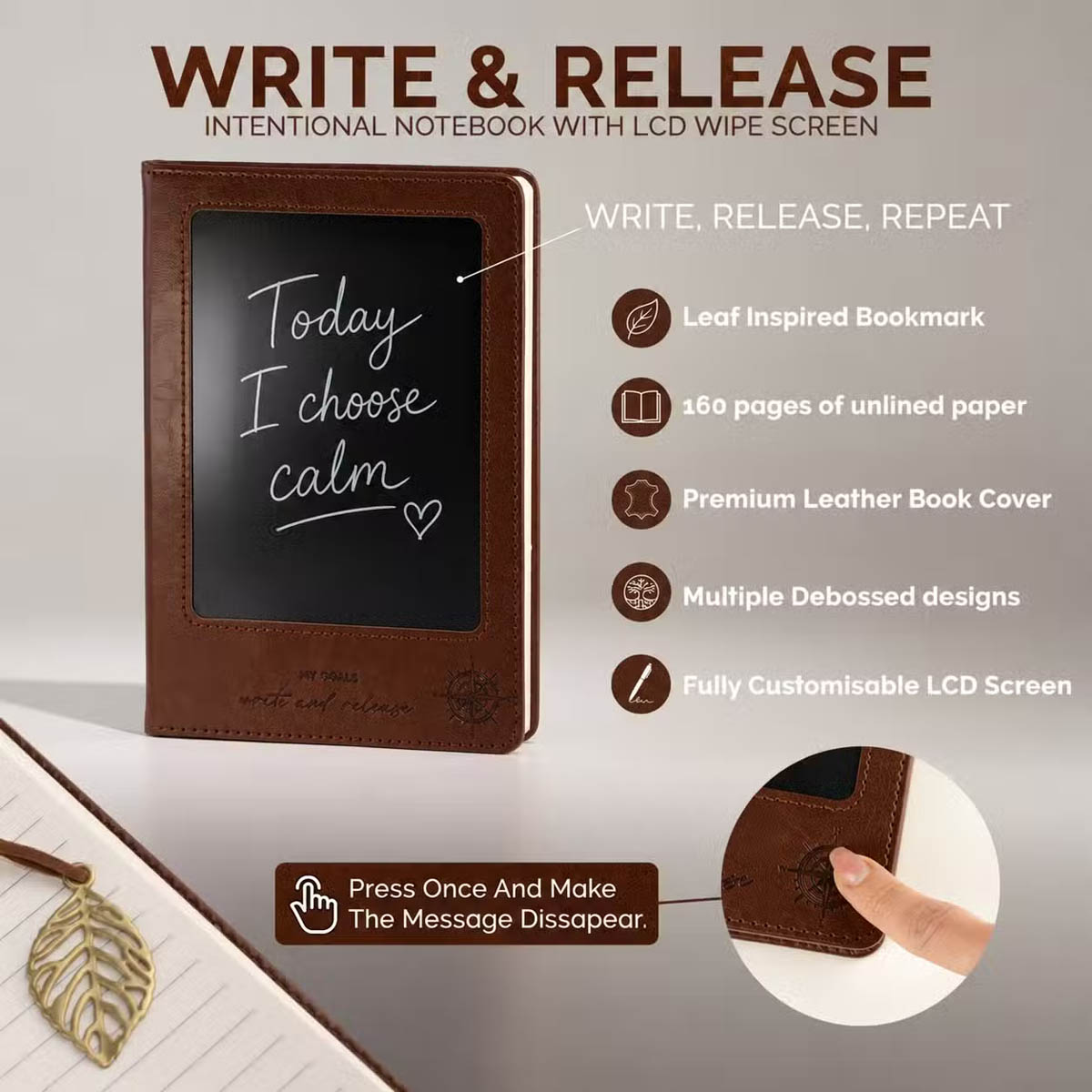 A5 Brown Leather-Effect Intention Notebook with LCD Screen6