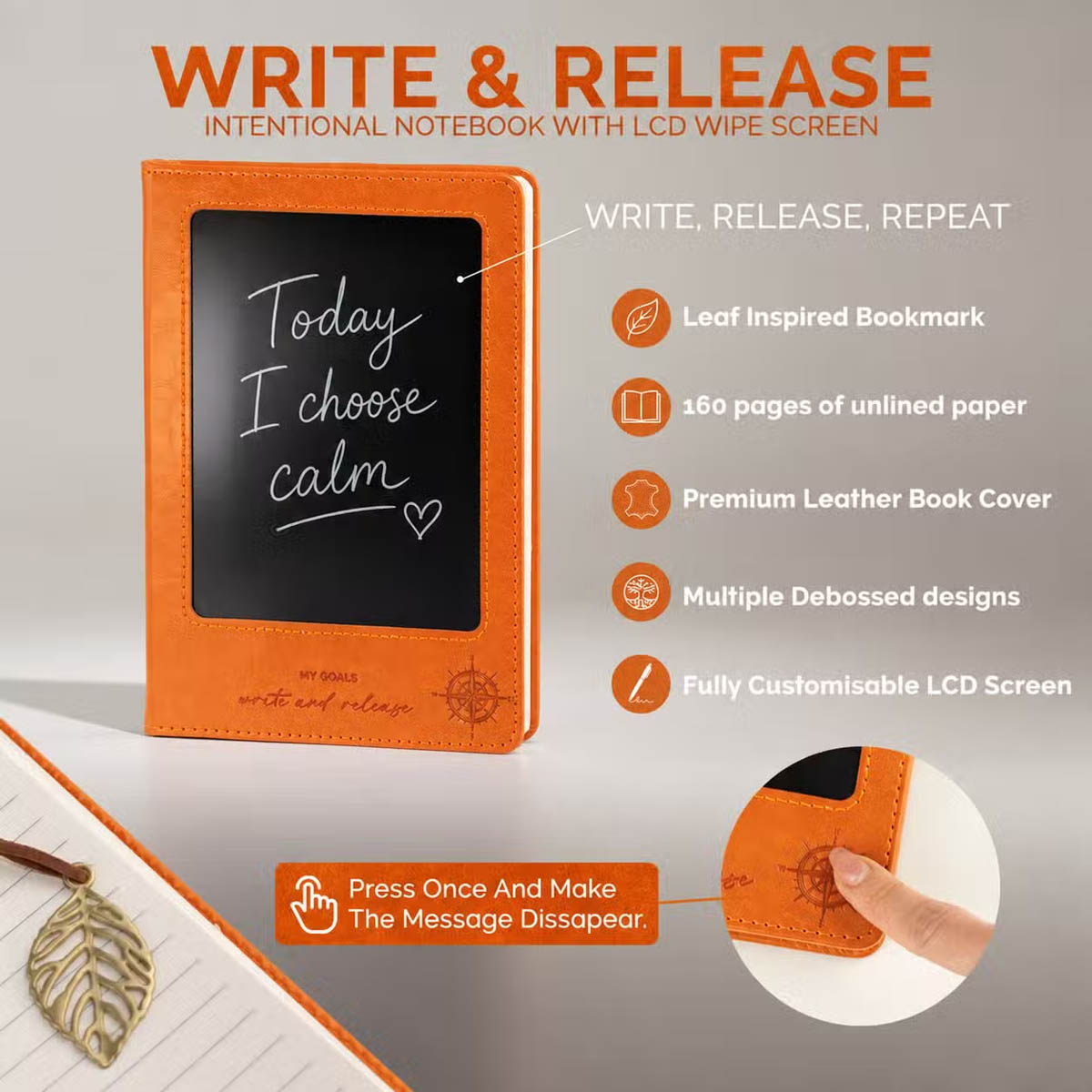 A5 Orange Leather-Effect Intention Notebook with LCD Screen6