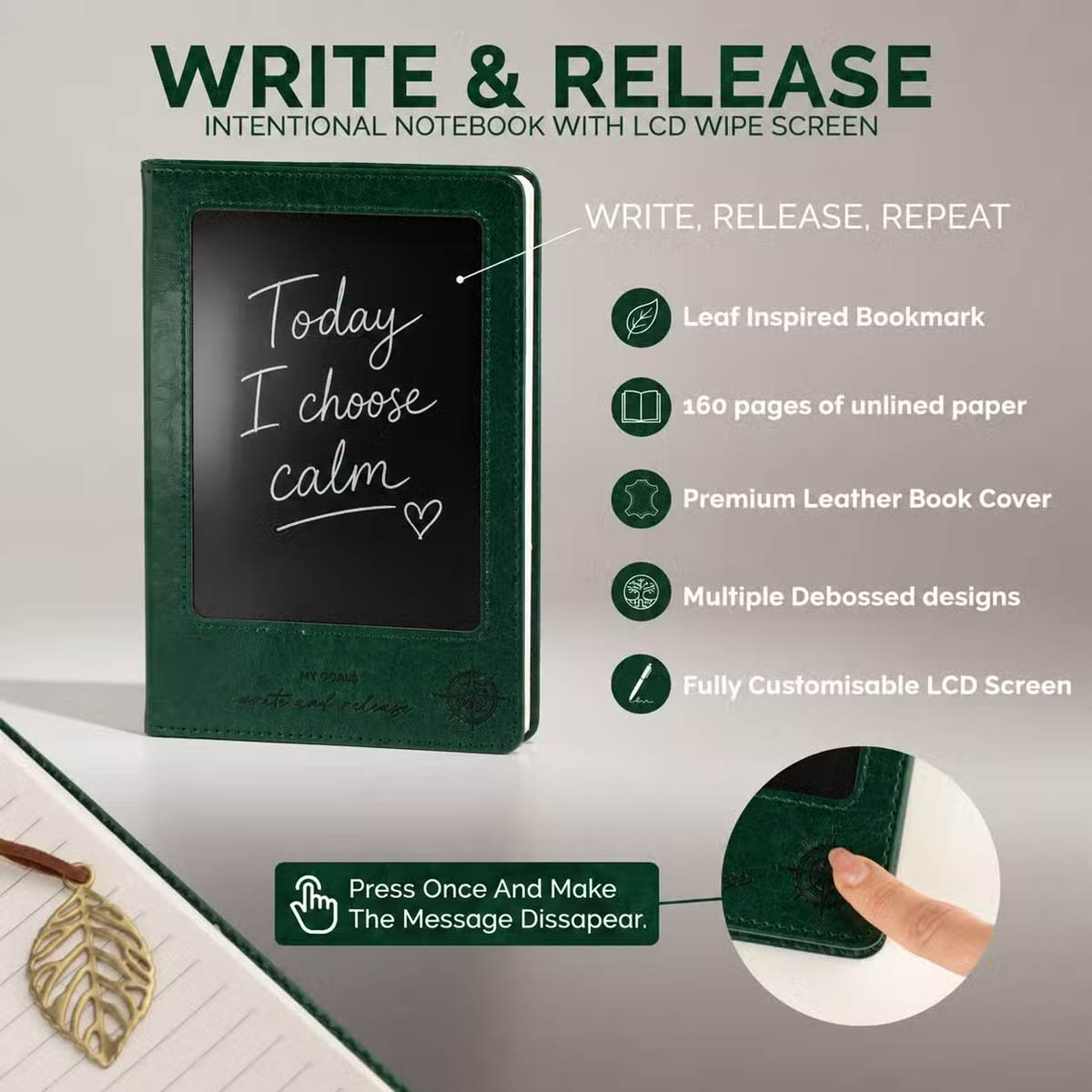 A5 Green Leather-Effect Intention Notebook with LCD Screen6