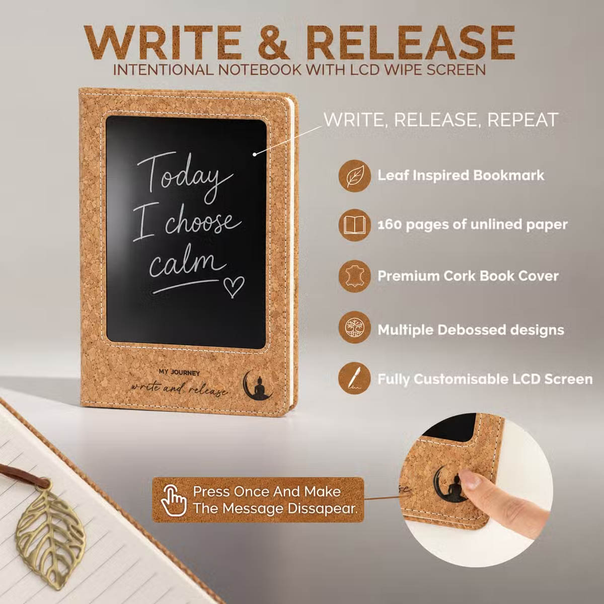 A5 Cork Leather-Effect Intention Notebook with LCD Screen6