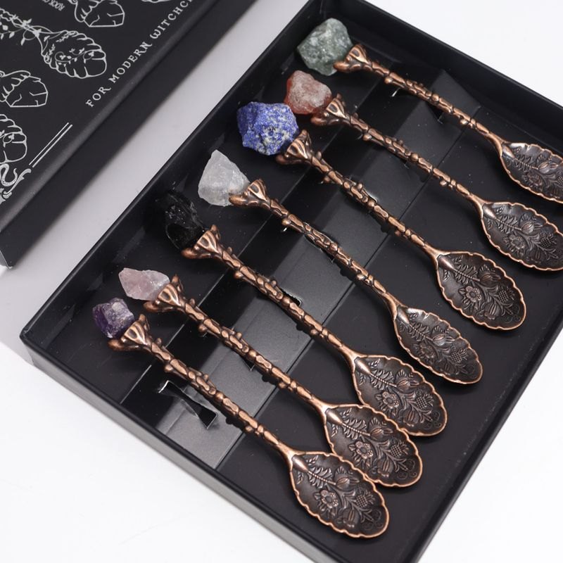 Set of 7 Bronze Gemstone Crystal Witch Spoons2