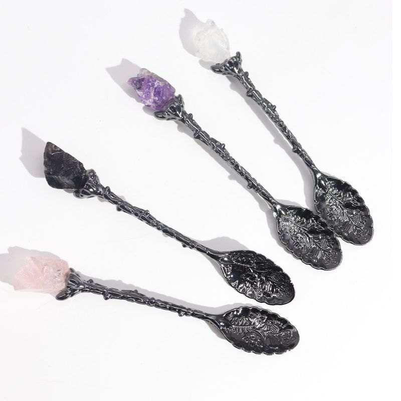 Set of 7 Dark Silver Gemstone Crystal Witch Spoons1