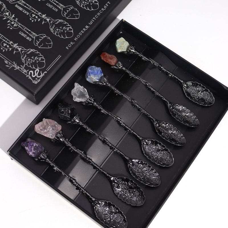 Set of 7 Dark Silver Gemstone Crystal Witch Spoons2