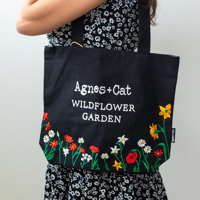Agnes + Cat Wildflower Garden Embroidered Cotton Tote Bag – Black2