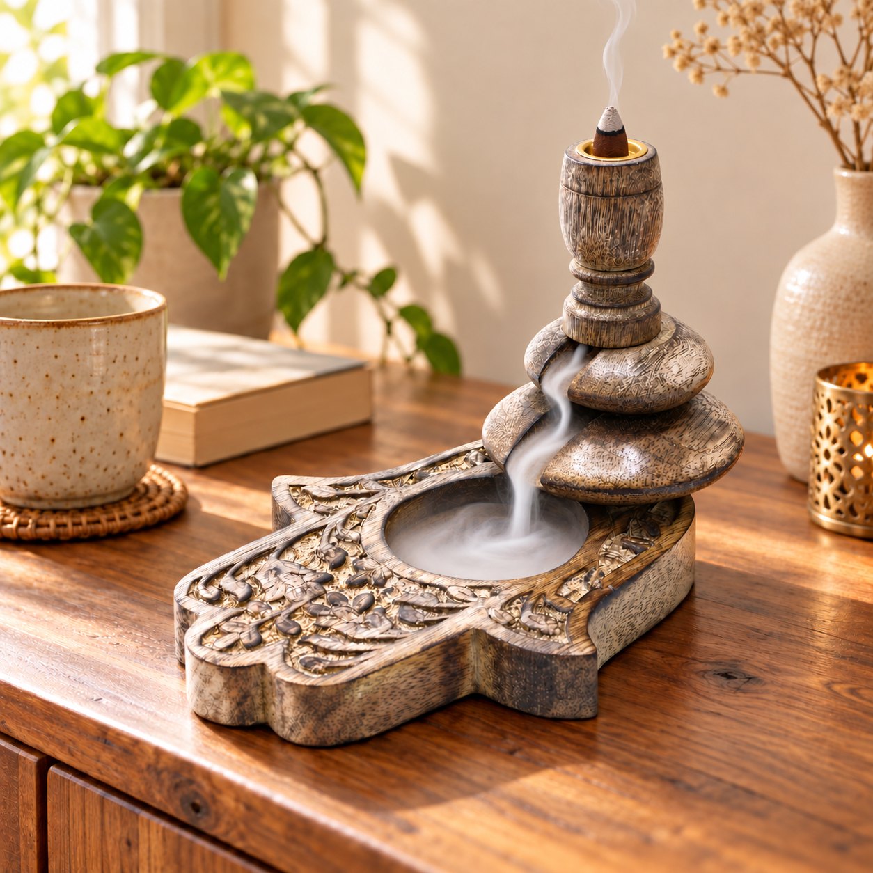 Medium Mango Wood Hamsa Backflow Incense Burner1