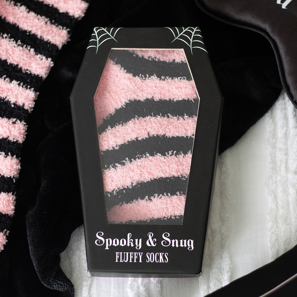Spooky & Snug Pink & Black Striped Socks in Coffin Gift Box3