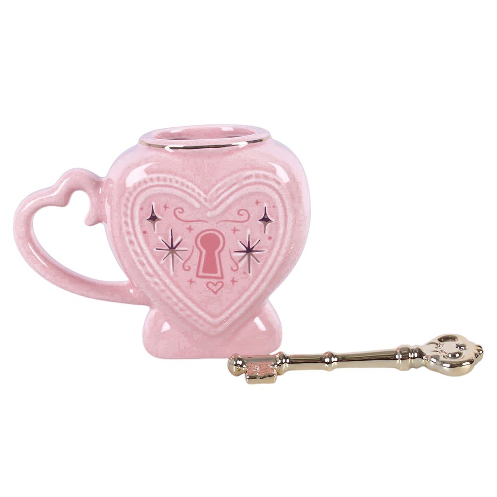 Pink Heart Locket Mug with Gold-Tone Key Stirrer (350ml)