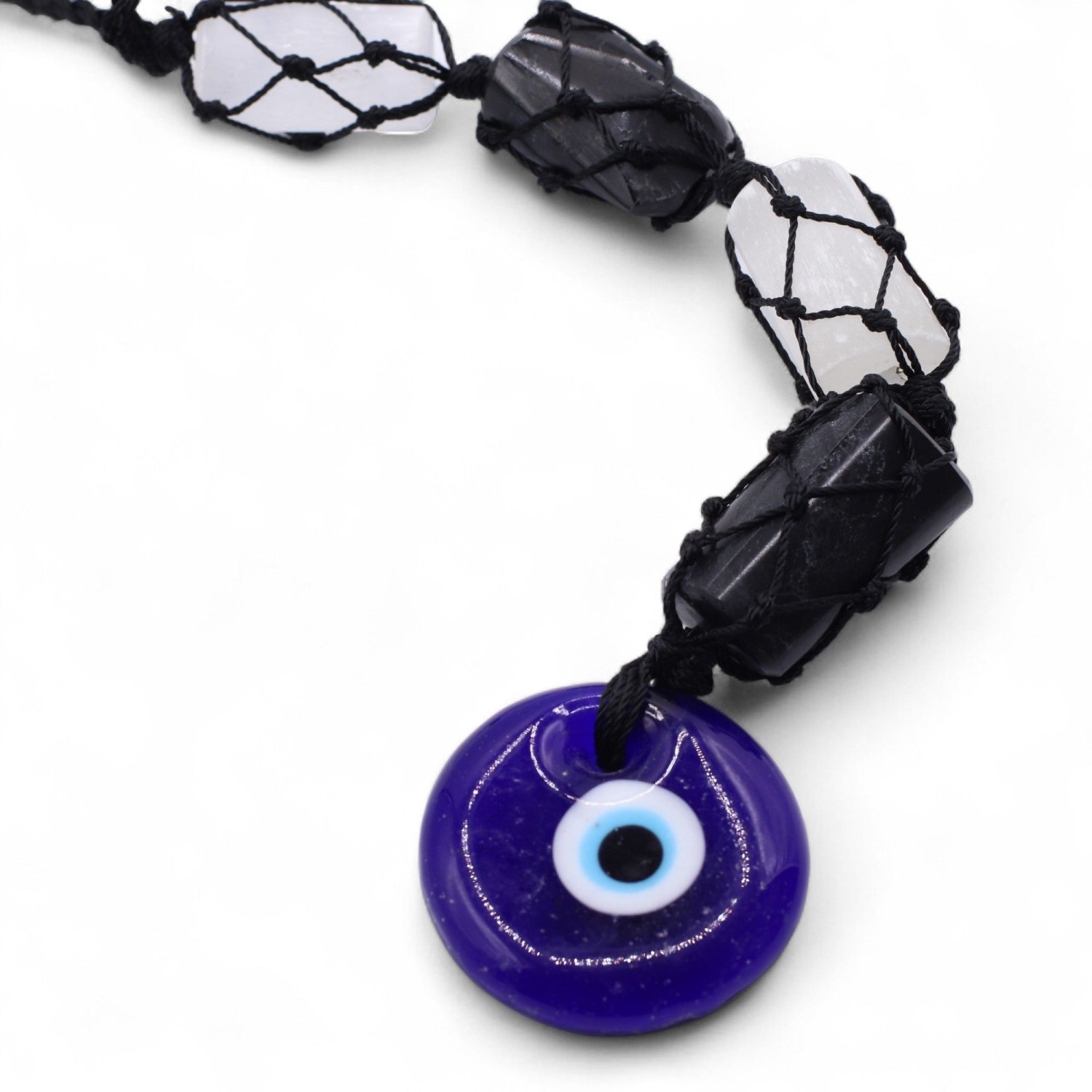 Black Tourmaline, Selenite & Evil Eye Hanging Gemstone Pendant