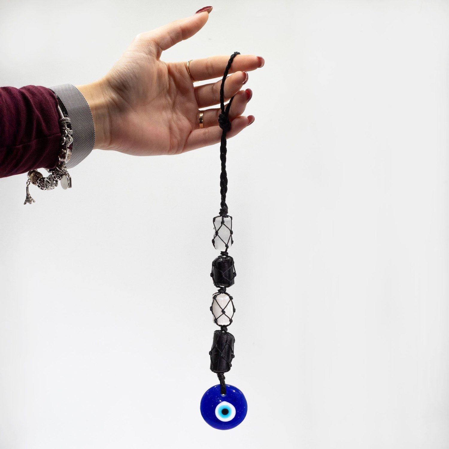 Black Tourmaline, Selenite & Evil Eye Hanging Gemstone Pendant1