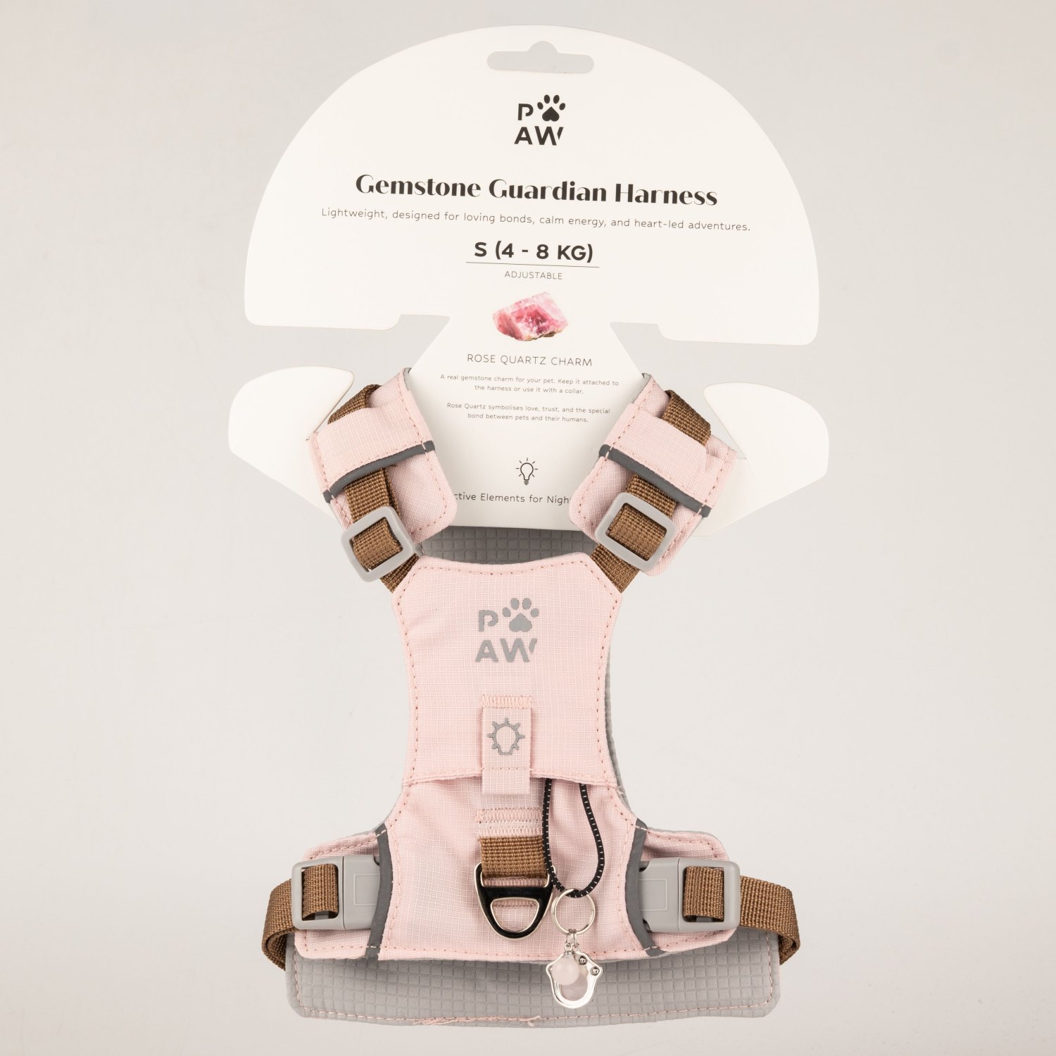 Soft Pink S Guardian Dog Harness with Rose Quartz Charm