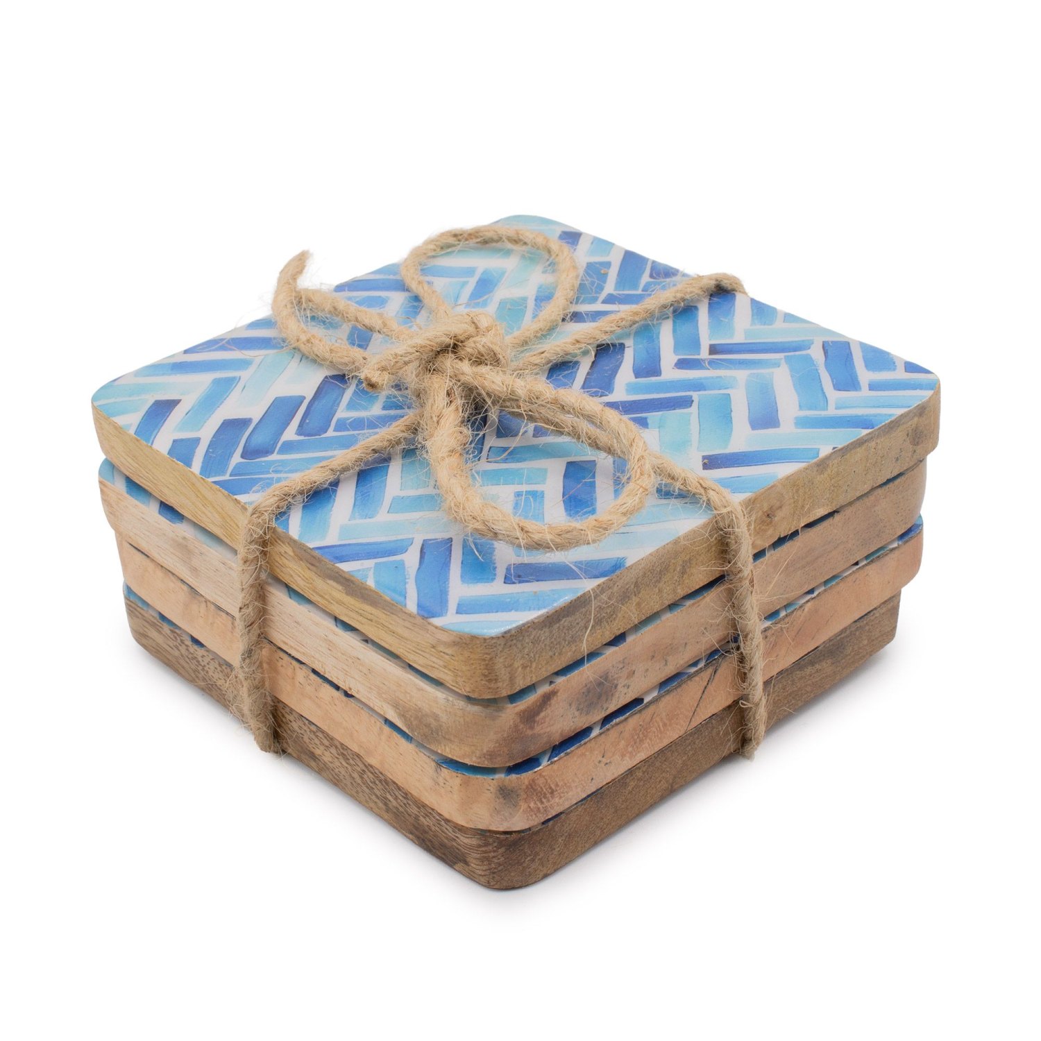 Blue Stripe Mango Wood Coasters – Set of 4