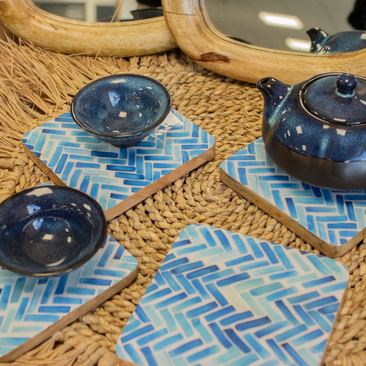 Blue Stripe Mango Wood Coasters – Set of 41