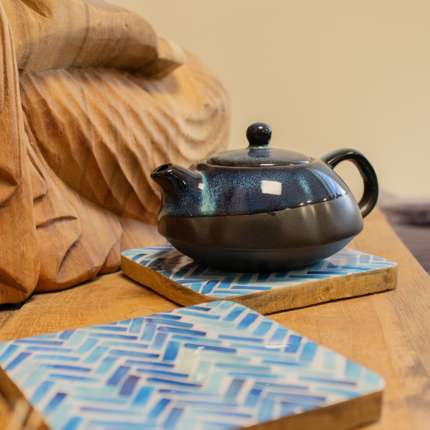 Blue Stripe Mango Wood Coasters – Set of 45
