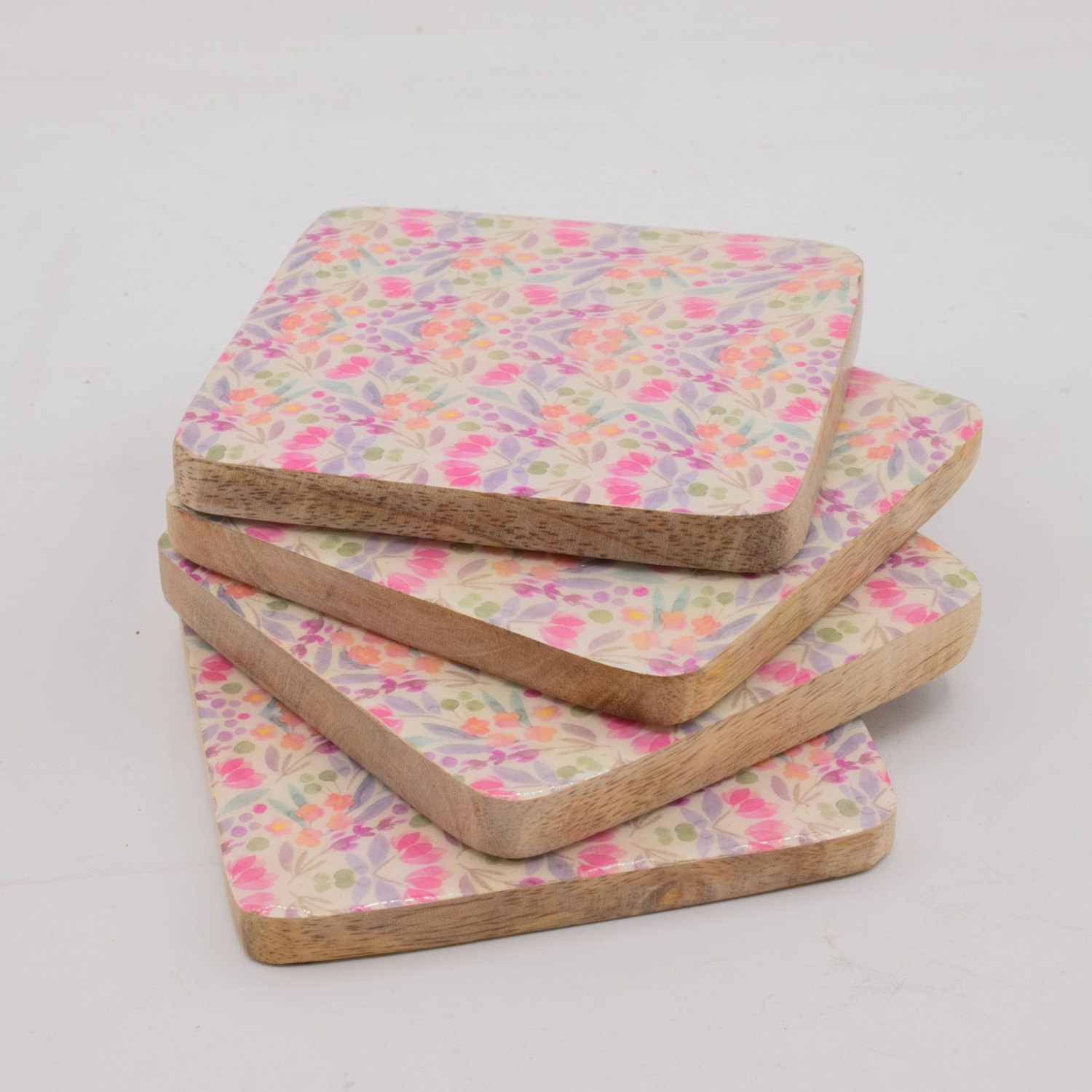 Pretty Floral Mango Wood Coasters – Set of 41