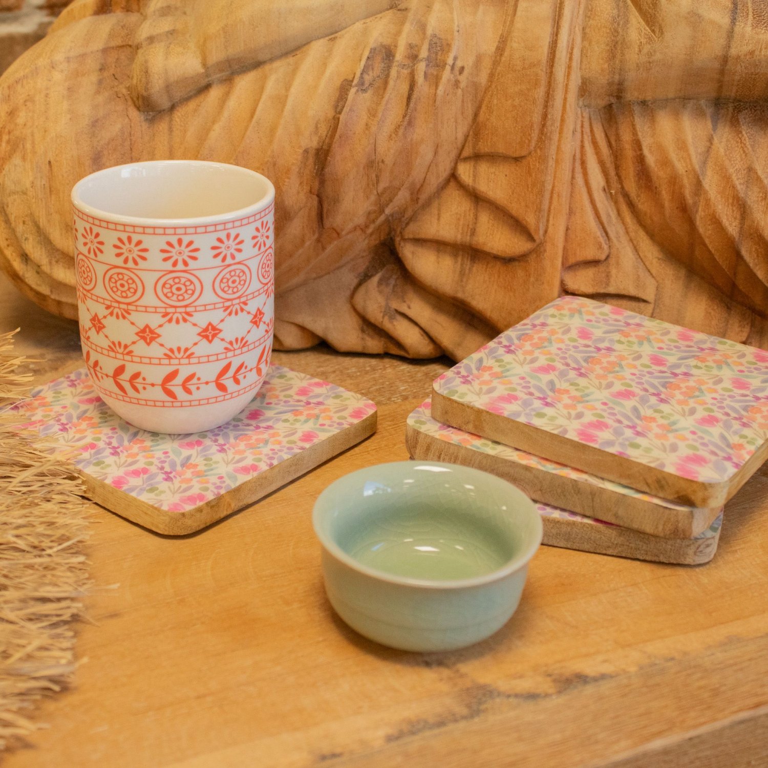 Pretty Floral Mango Wood Coasters – Set of 44