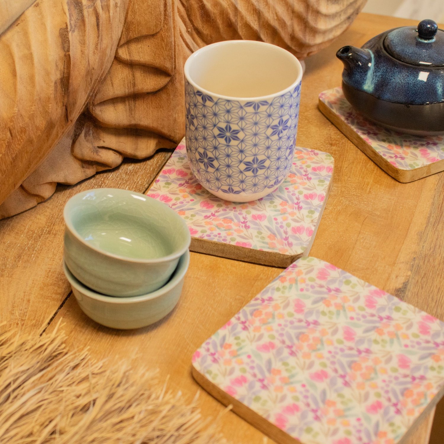 Pretty Floral Mango Wood Coasters – Set of 45