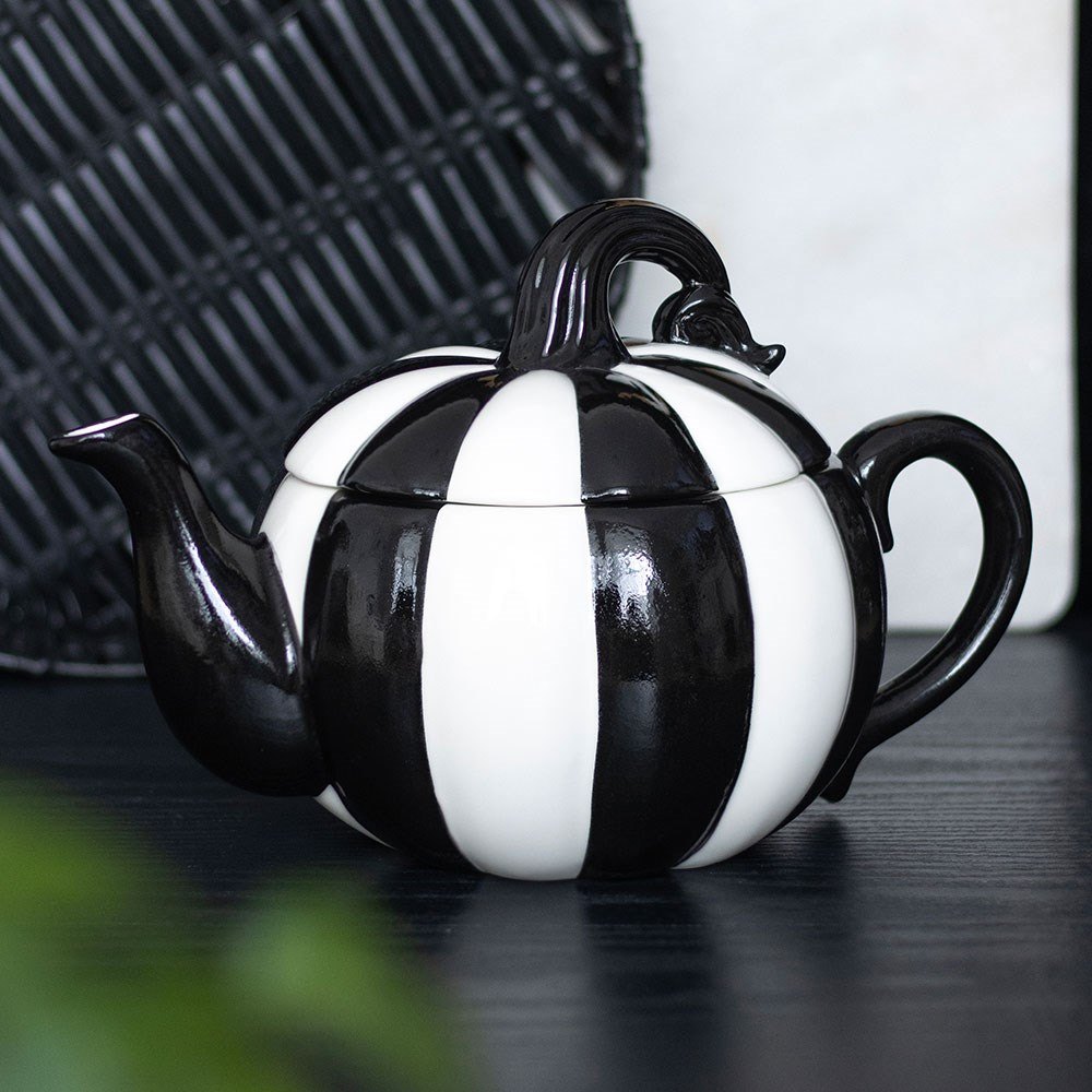 Black & White Striped Pumpkin Ceramic Teapot – 500ml4
