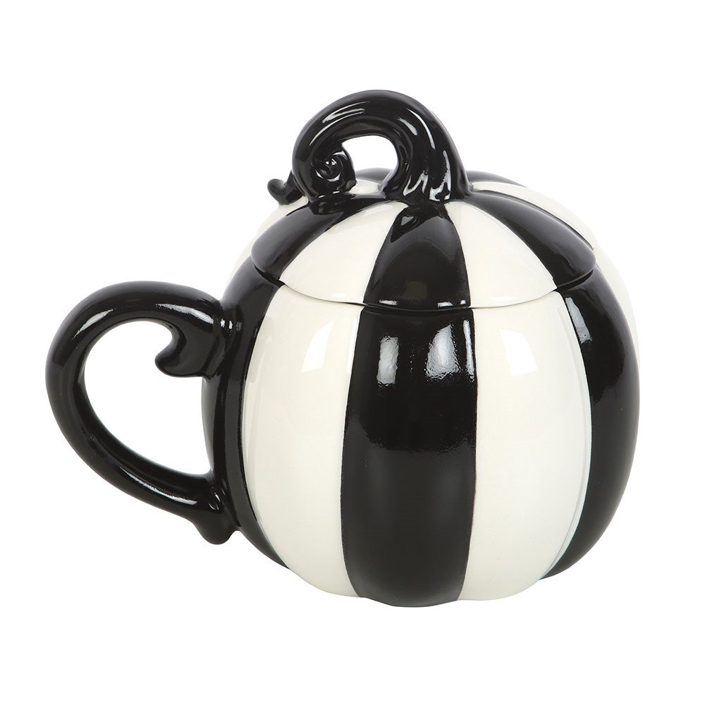 Black & White Striped Pumpkin Lidded Ceramic Mug (600ml)