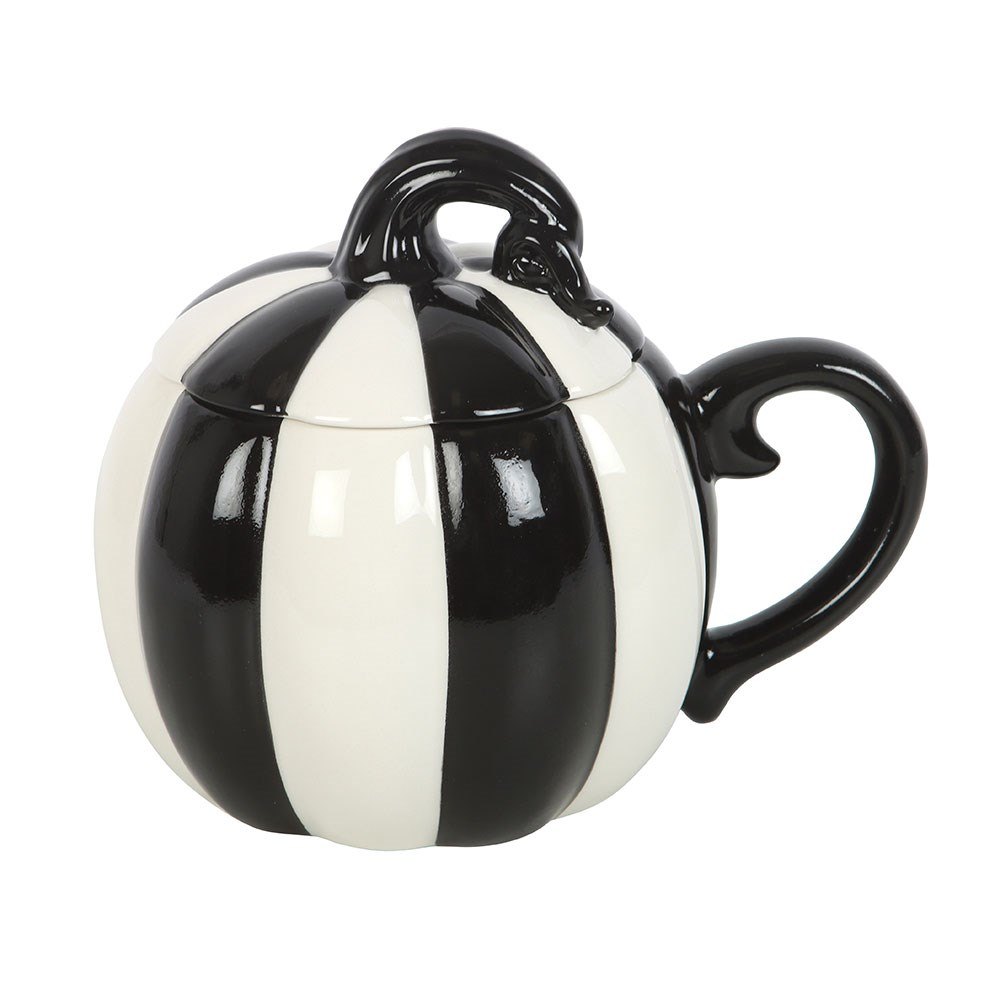 Black & White Striped Pumpkin Lidded Ceramic Mug (600ml)3