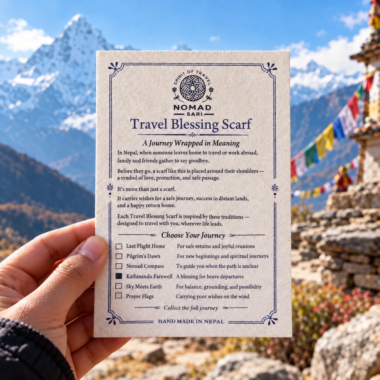 Nomad Sari Kathmandu Farewell Travel Blessing Scarf – 170 x 50cm3