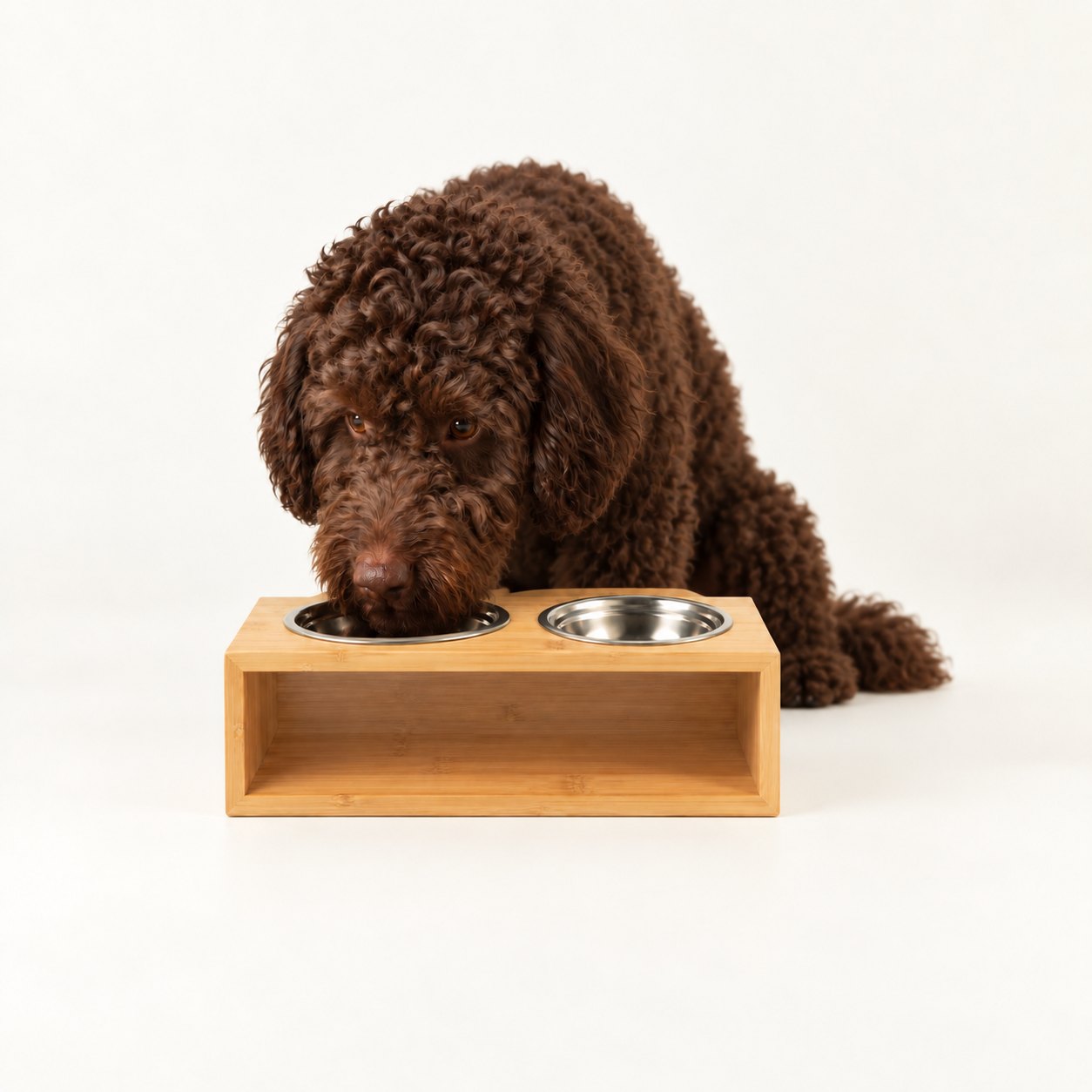 PAW Large Double Stainless Steel Pet Bowls with Wooden Stand – 2 x 13cm2