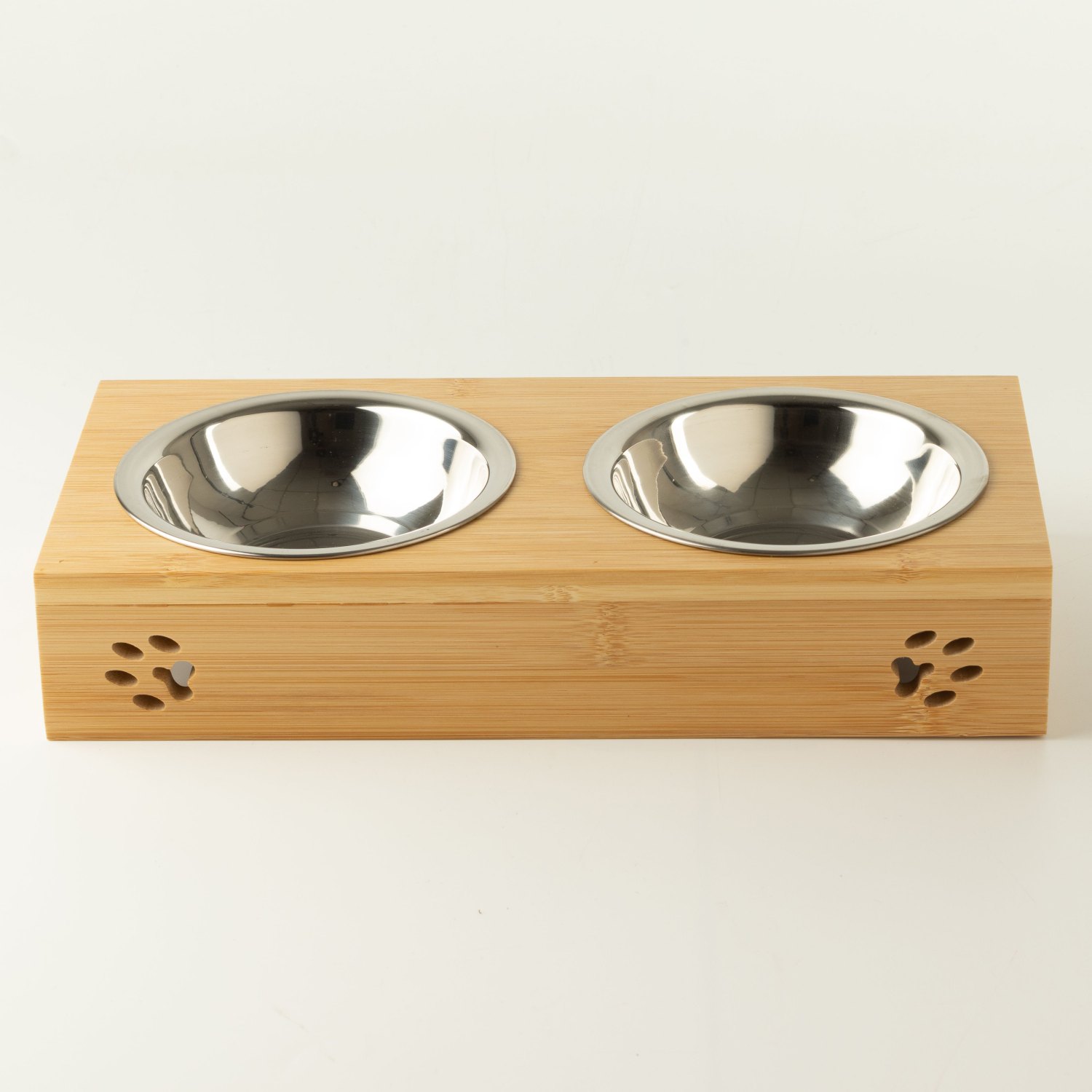 PAW Double Stainless Steel Pet Bowls with Wooden Stand – 2 x 12cm