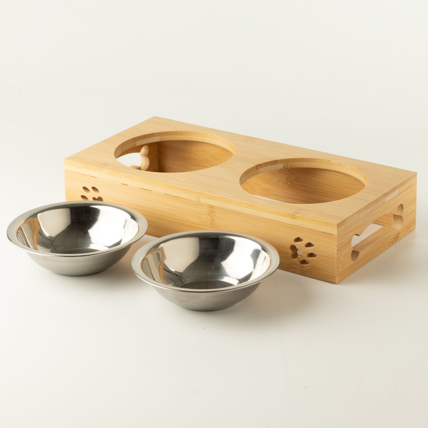PAW Double Stainless Steel Pet Bowls with Wooden Stand – 2 x 12cm1