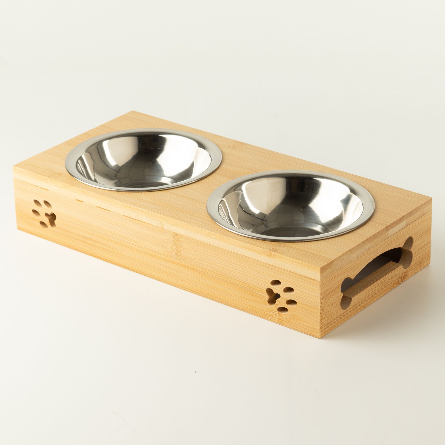 PAW Double Stainless Steel Pet Bowls with Wooden Stand – 2 x 12cm2