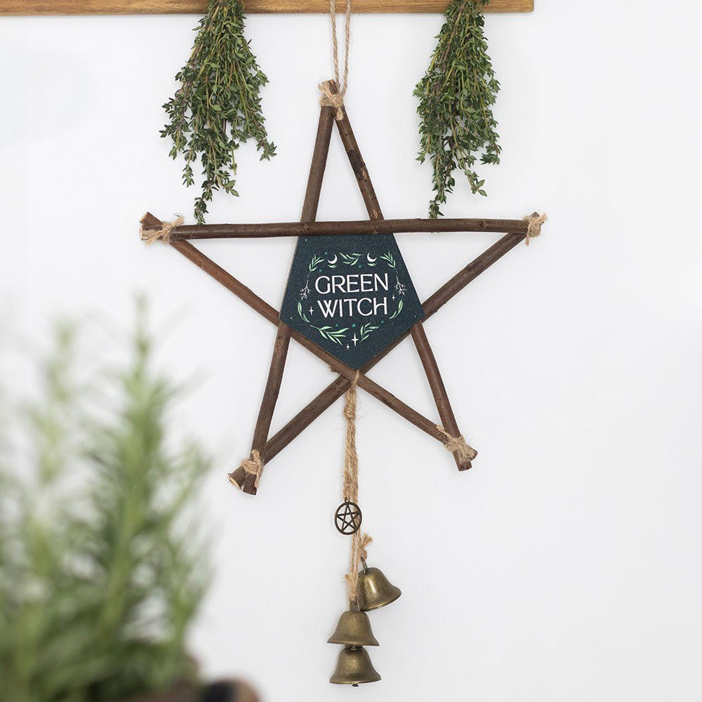 Green Witch Willow Pentagram Hanging Decoration with Bells3