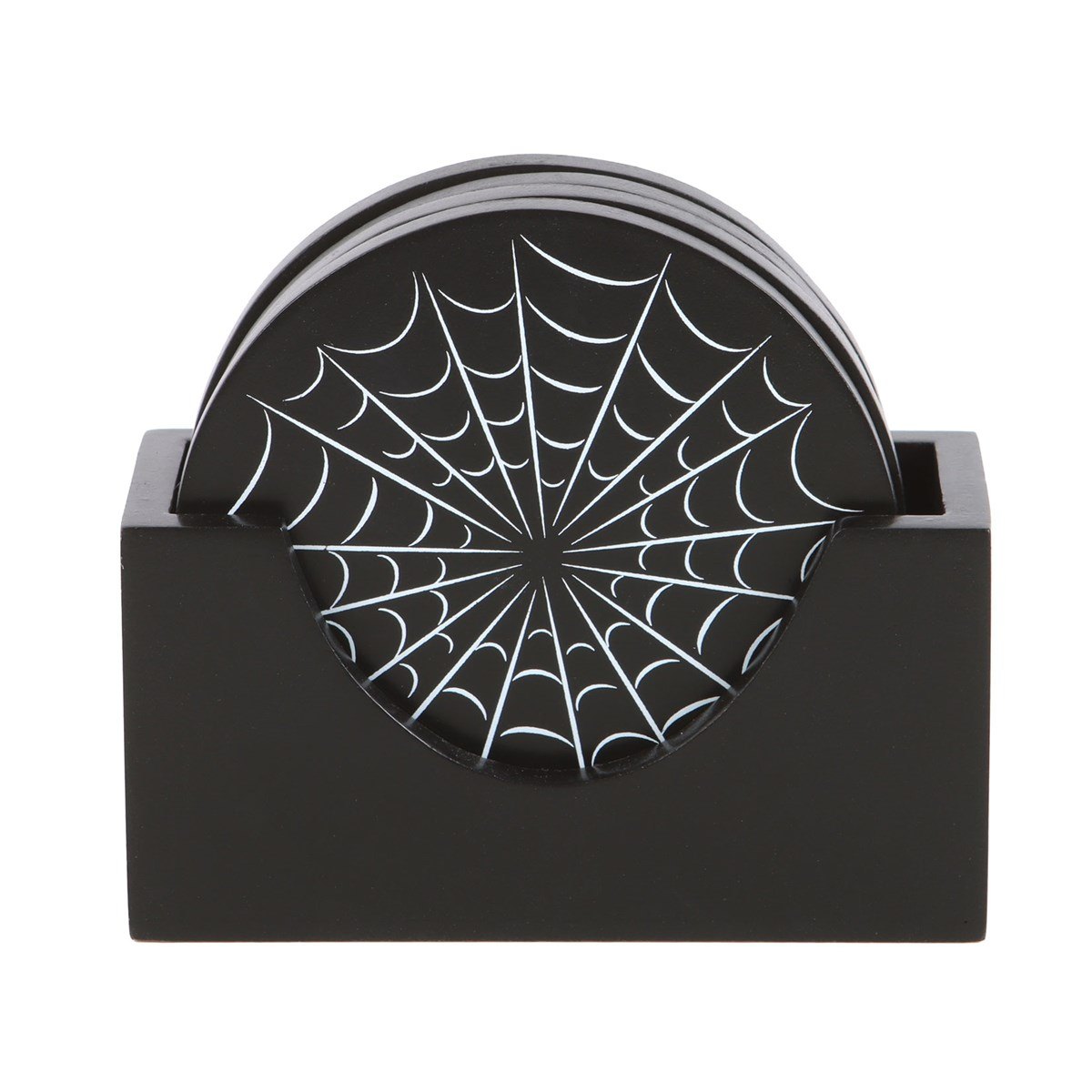 Black Spiderweb Coasters with Holder – Set of 42