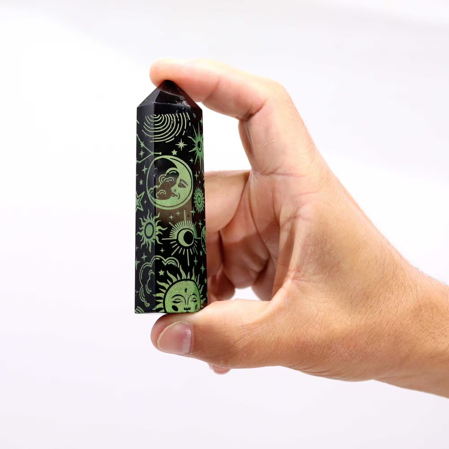 Mystic Story Black Obsidian Point – Forest Green Celestial Design1
