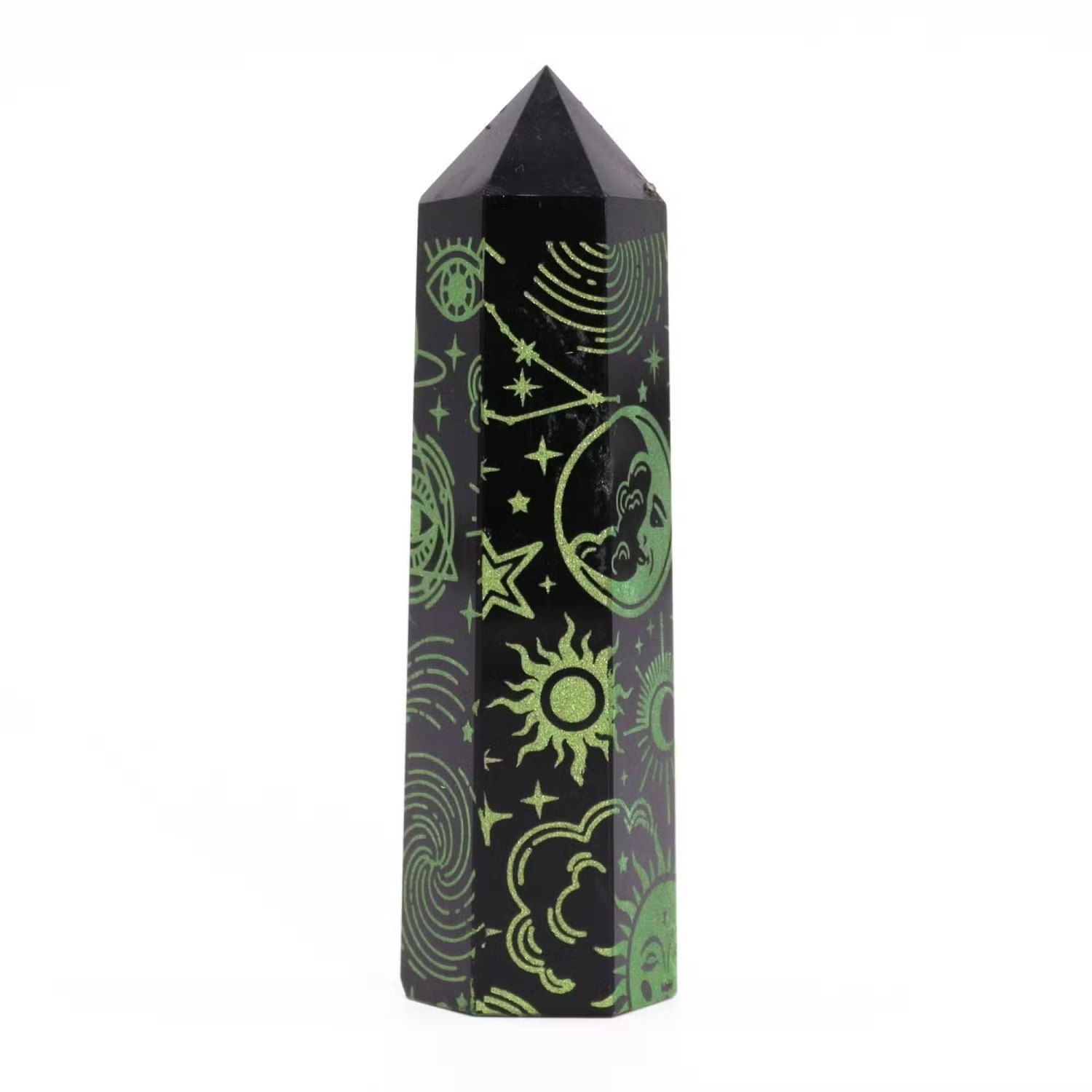 Mystic Story Black Obsidian Point – Forest Green Celestial Design2